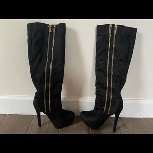 Black Faux Suede Stiletto Knee High Boots